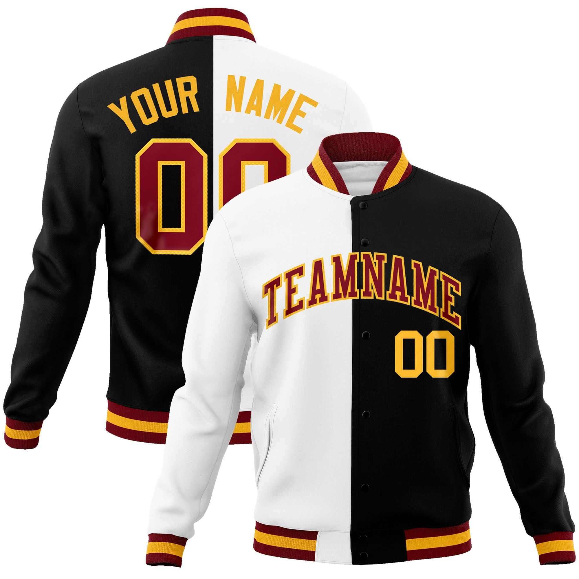 Custom White Black-Crimson Varsity Full-Snap Letterman Two Tone Split Fashion Jacket
