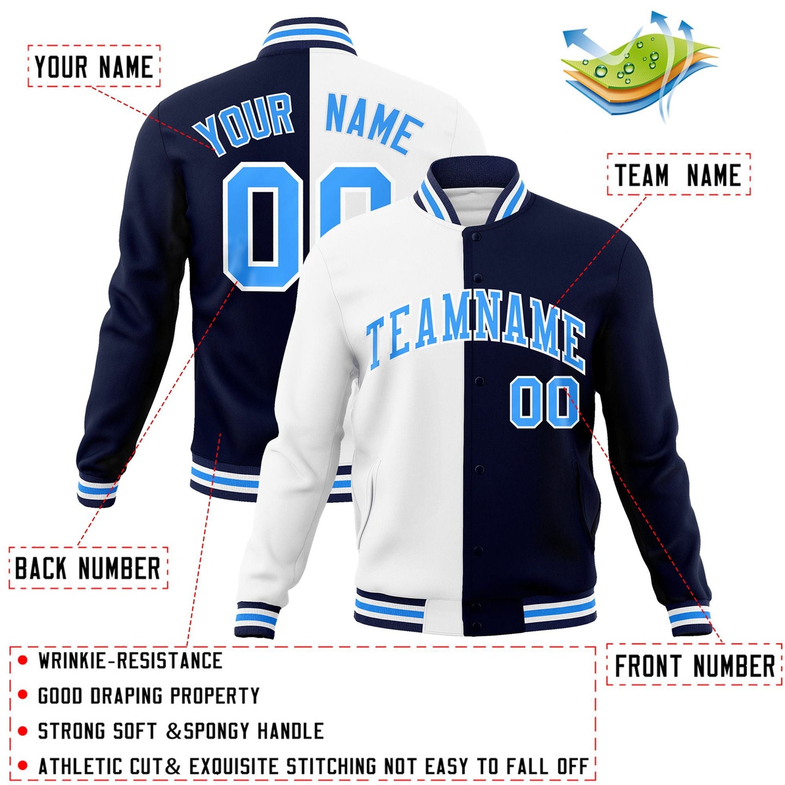 Custom White Navy-Powder Blue Varsity Full-Snap Letterman Two Tone Split Fashion Jacket