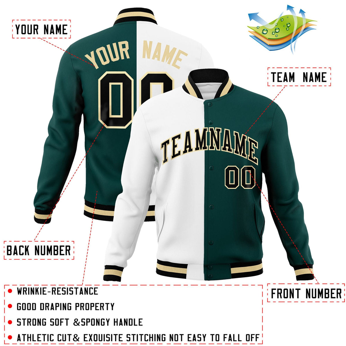 Custom White Midnight Green-Black Varsity Full-Snap Letterman Two Tone Split Fashion Jacket