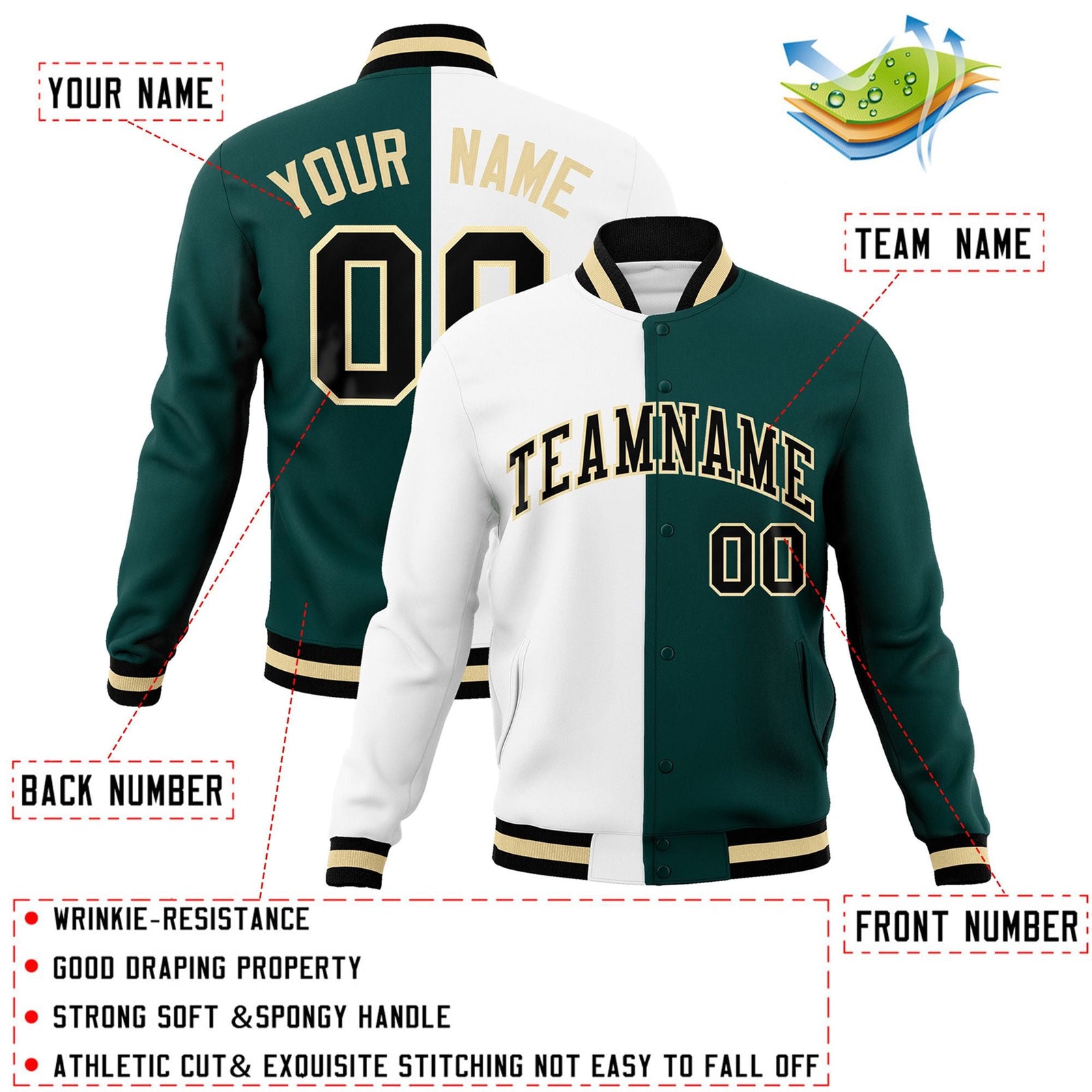 Custom White Midnight Green-Black Varsity Full-Snap Letterman Two Tone Split Fashion Jacket