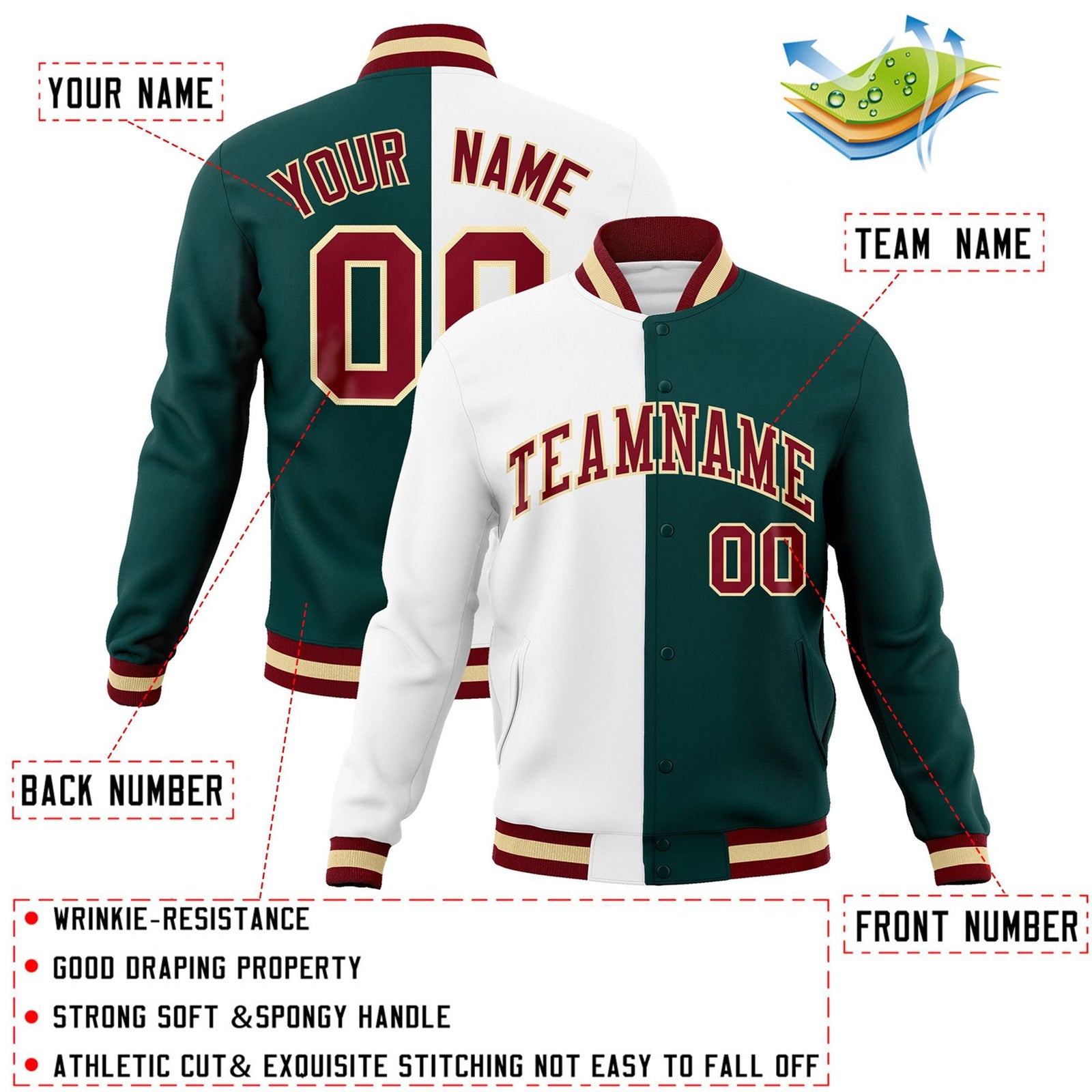 Custom White Midnight Green-Crimson Varsity Full-Snap Letterman Two Tone Split Fashion Jacket