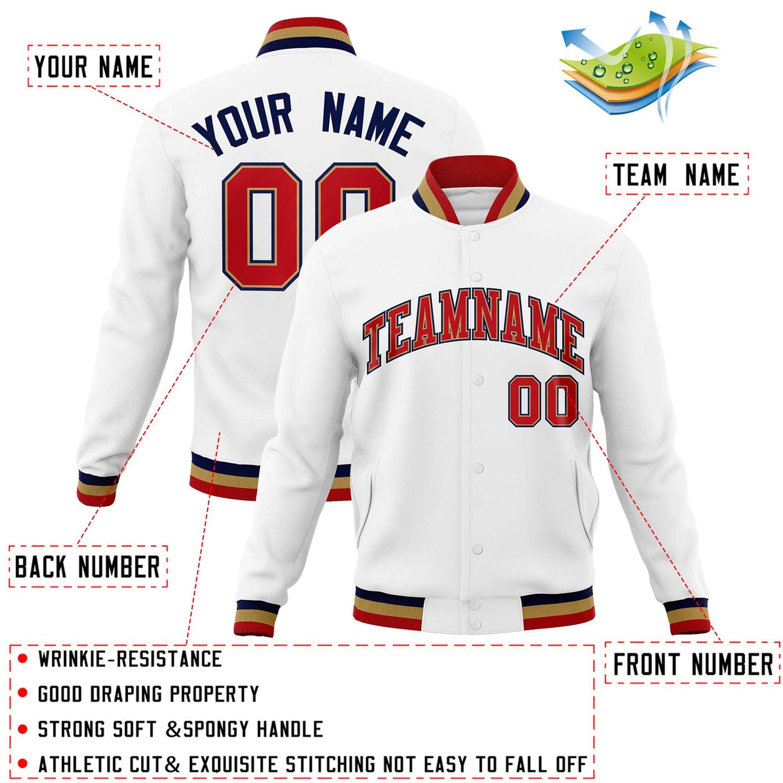 Custom White Red-Navy Classic Style Varsity Full-Snap Letterman Jacket