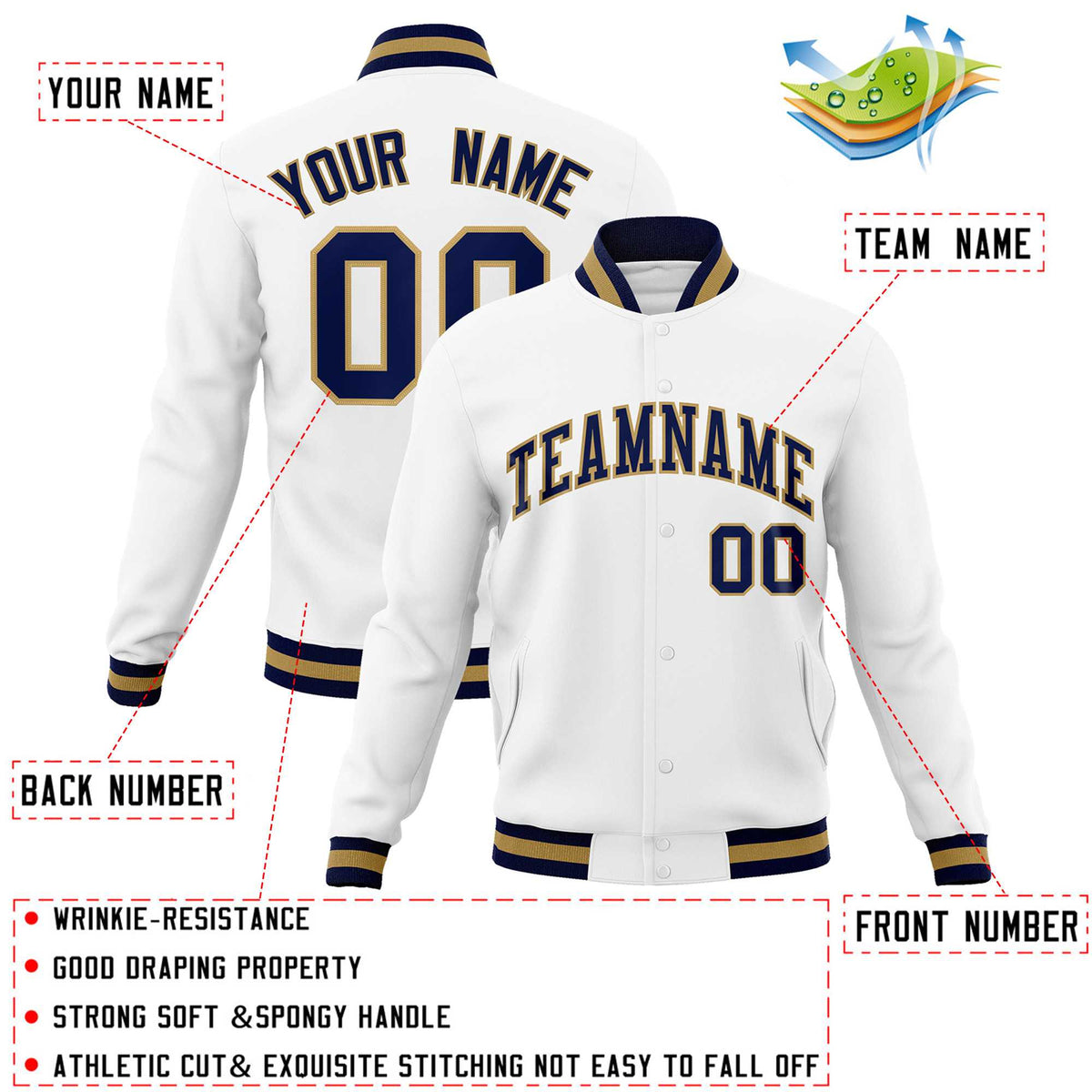 Custom White Navy-Old Gold Classic Style Varsity Full-Snap Letterman Jacket