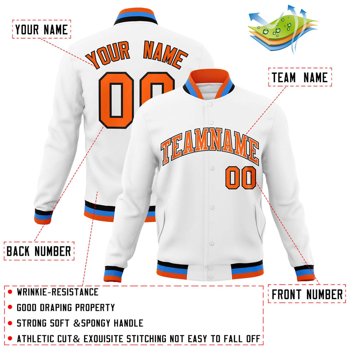 Custom White Orange-Black Classic Style Varsity Full-Snap Letterman Jacket