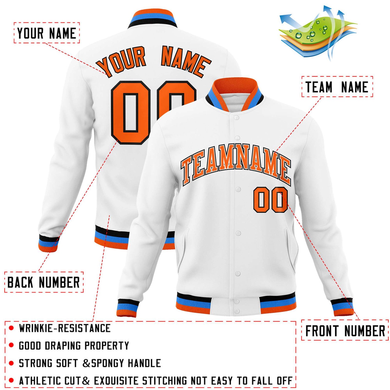 Custom White Orange-Black Classic Style Varsity Full-Snap Letterman Jacket