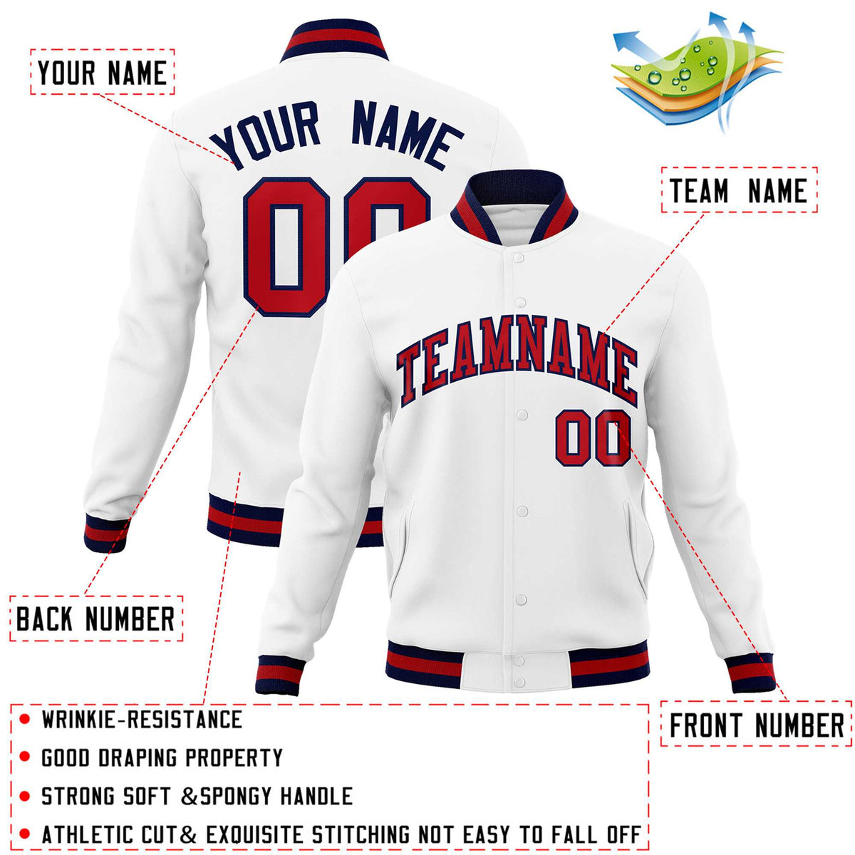 Custom White Red-Navy Classic Style Varsity Full-Snap Letterman Jacket