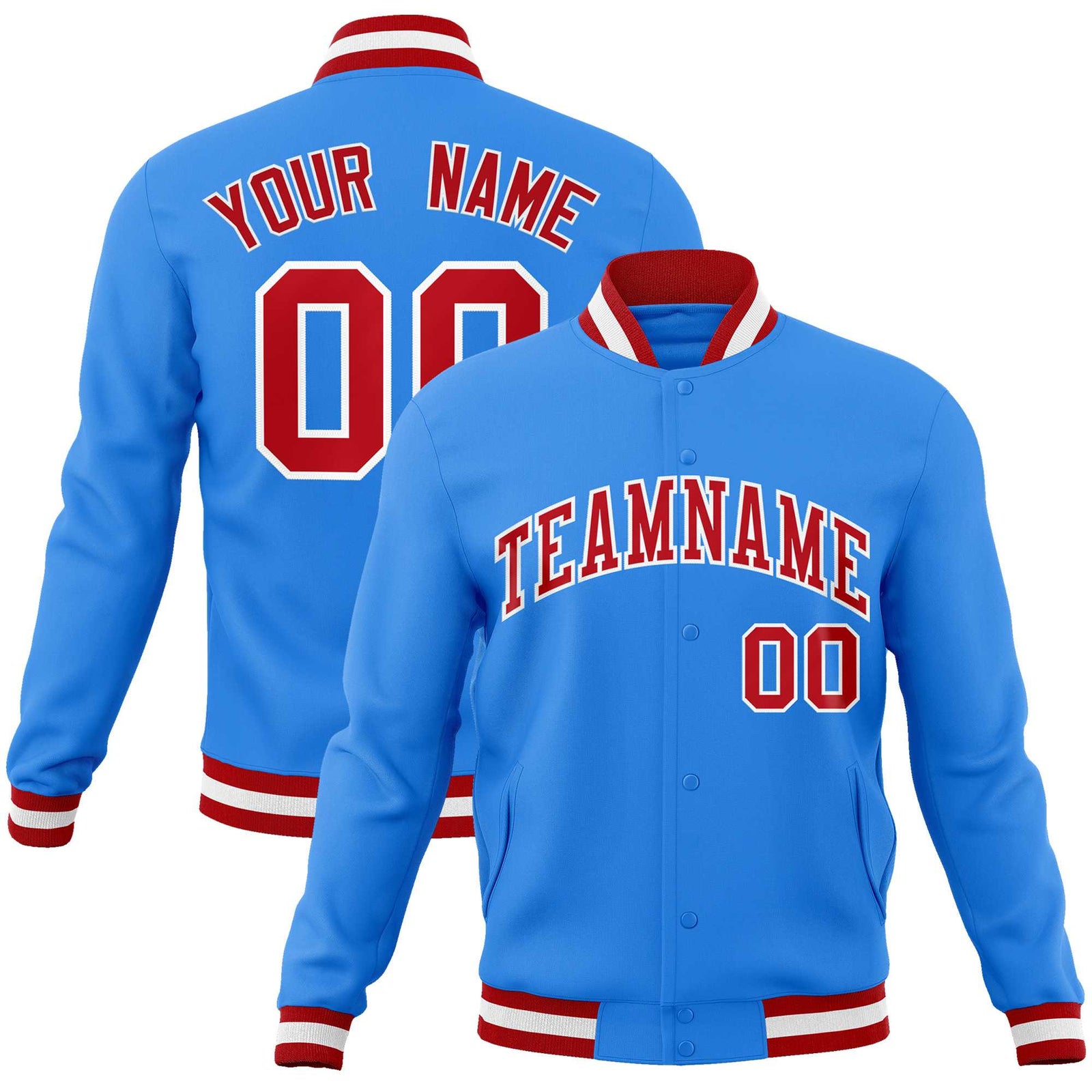 Custom Powder Blue Red-White Classic Style Varsity Full-Snap Letterman Jacket