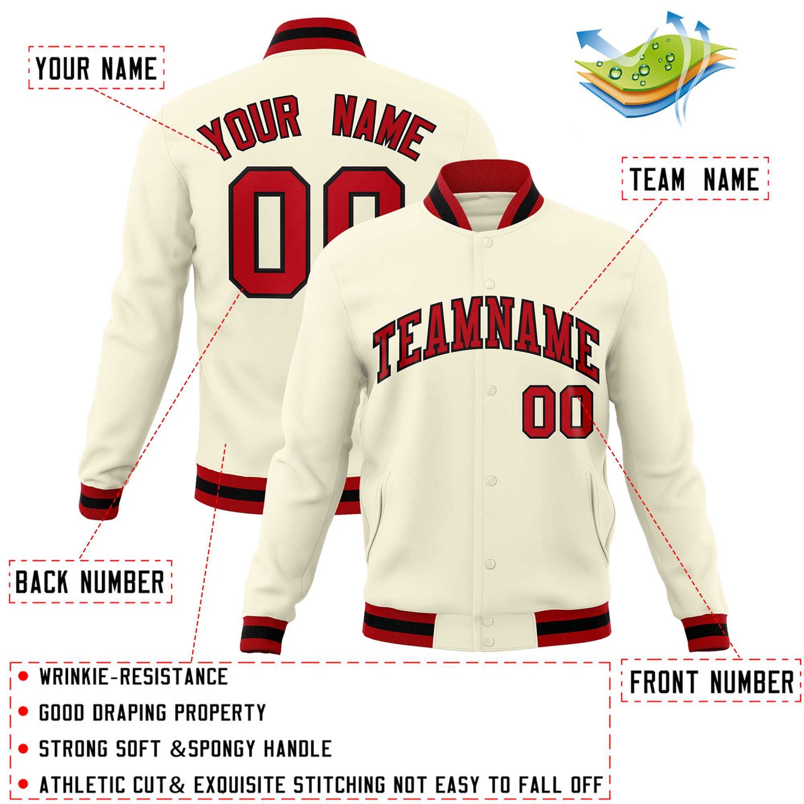 Custom Khaki Red-Black Classic Style Varsity Full-Snap Letterman Jacket