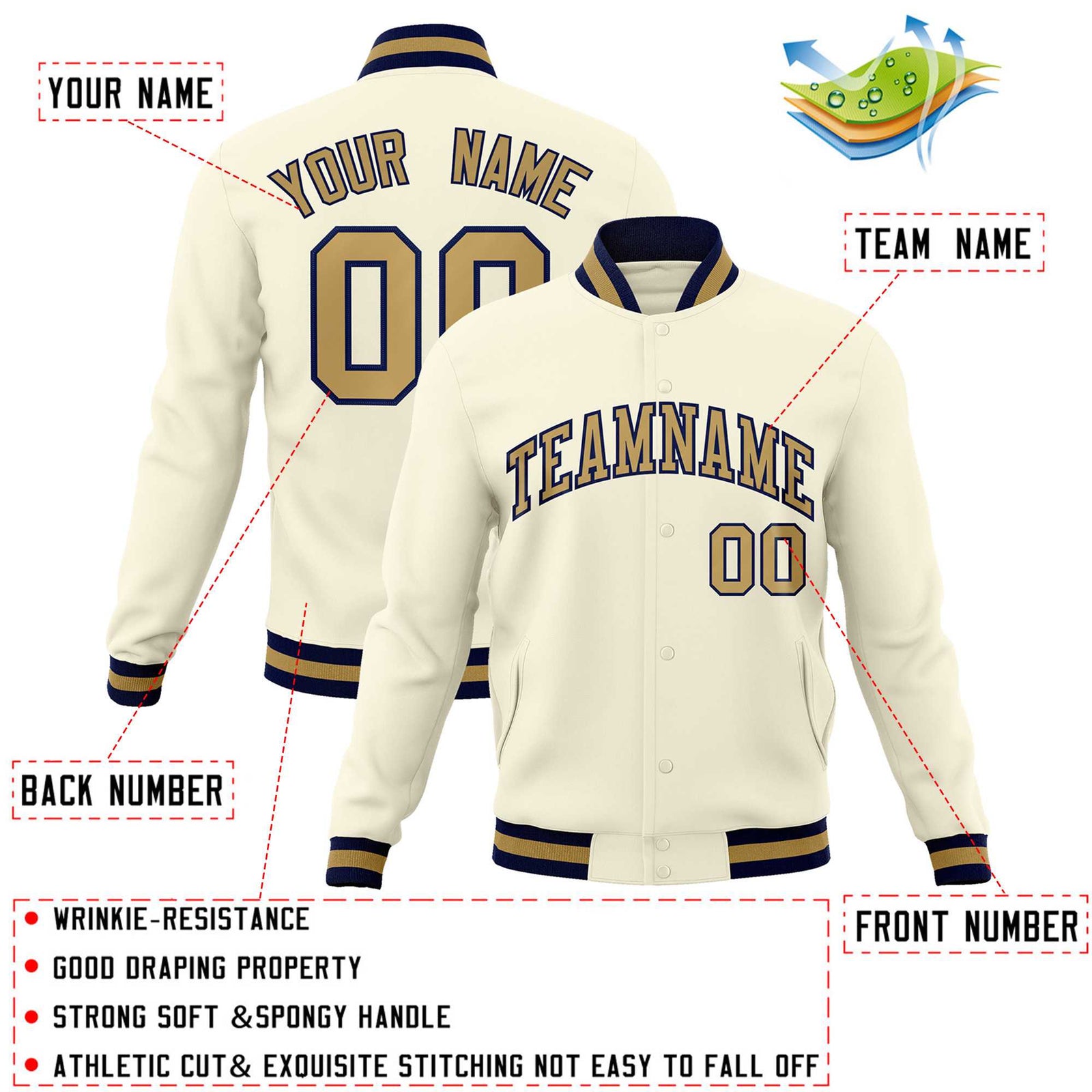 Custom Khaki Old Gold-Navy Classic Style Varsity Full-Snap Letterman Jacket