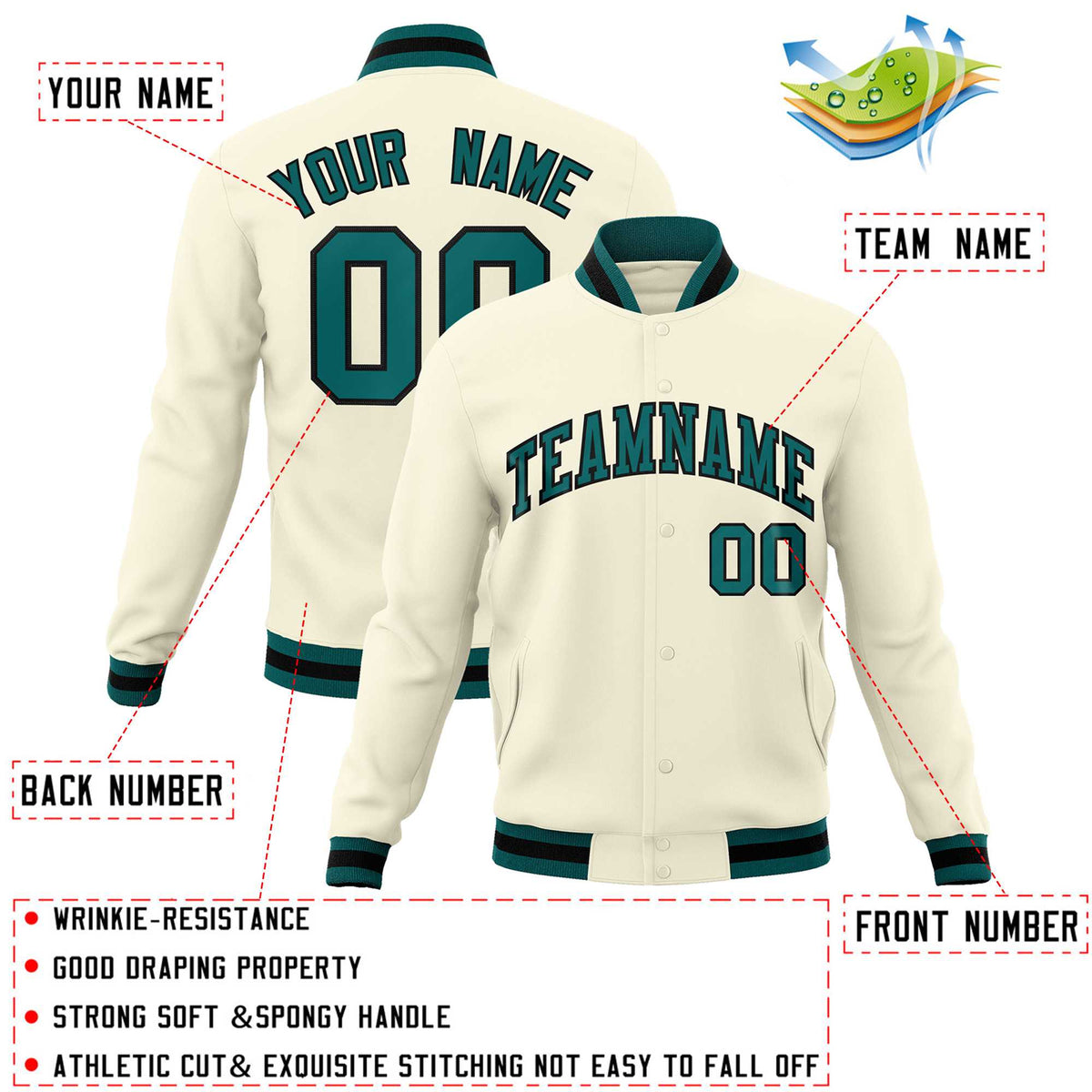 Custom Khaki Aqua-Black Classic Style Varsity Full-Snap Letterman Jacket