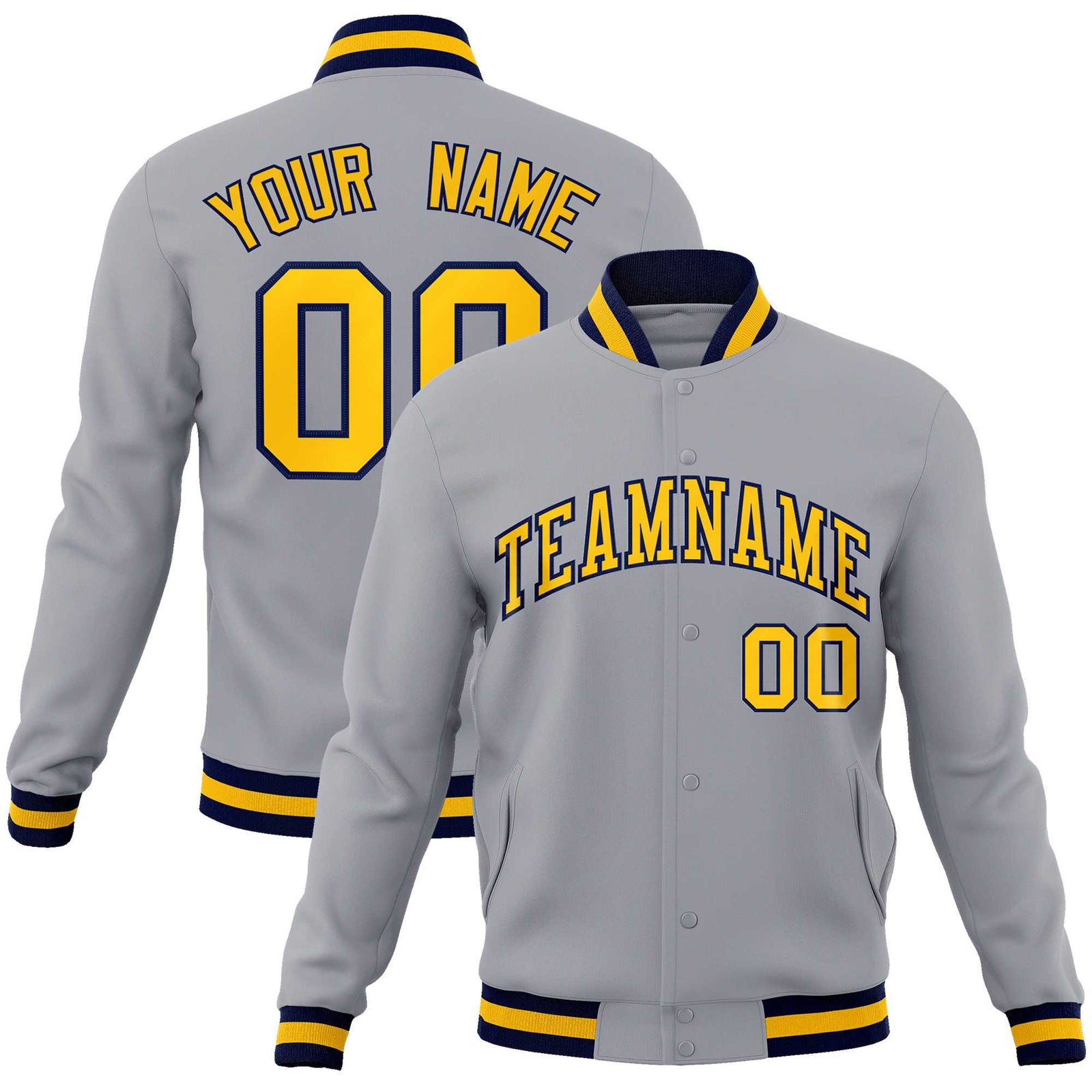 Custom Gray Gold-Navy Classic Style Varsity Full-Snap Letterman Jacket