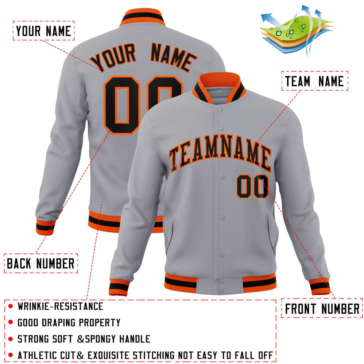 Custom Gray Black-Orange Classic Style Varsity Full-Snap Letterman Jacket