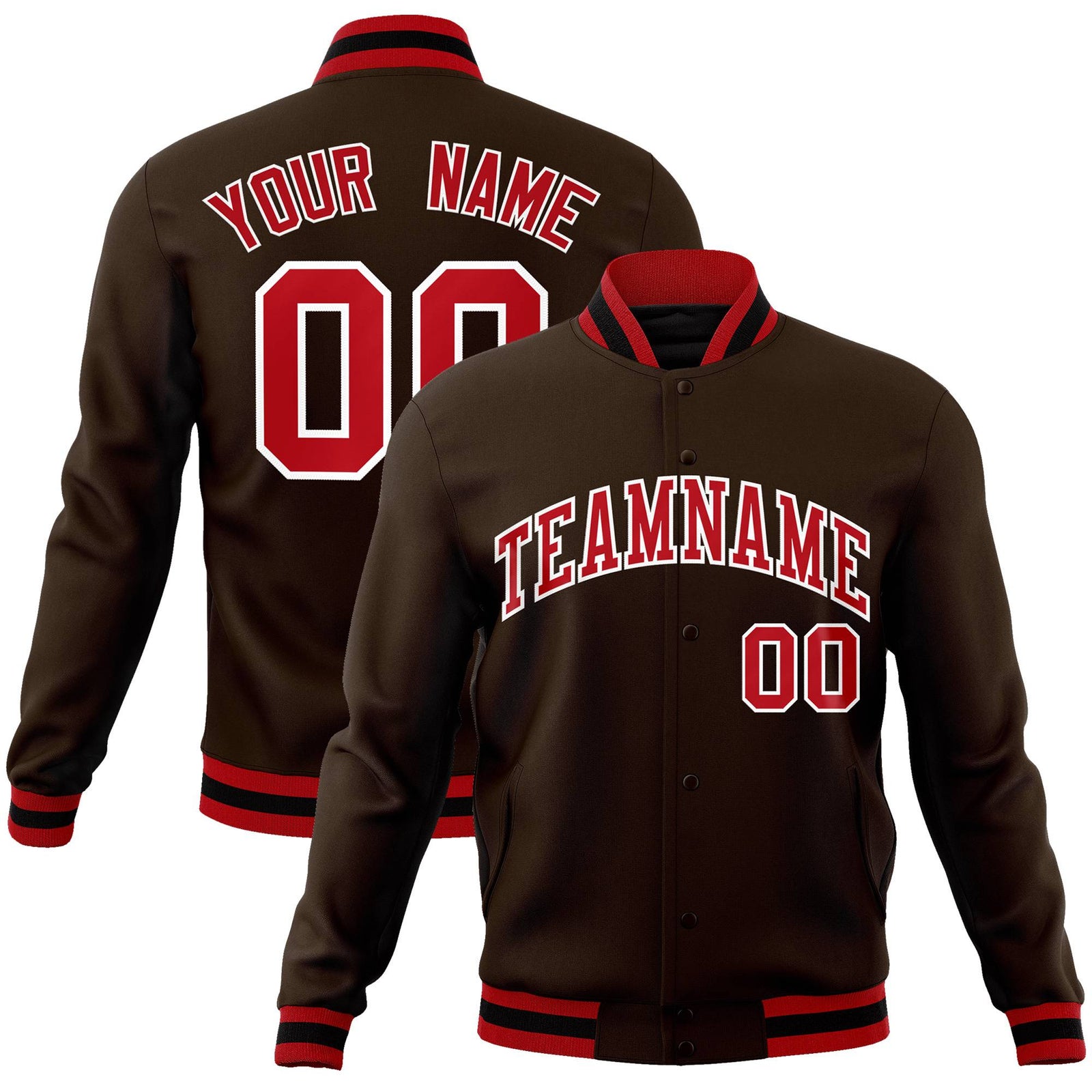 Custom Brown Red-White Classic Style Varsity Full-Snap Letterman Jacket