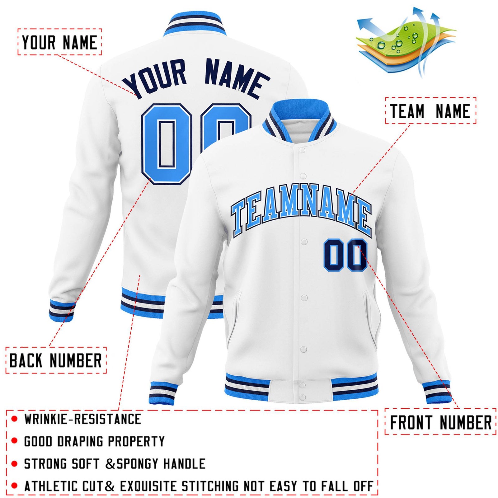 Custom White Powder Blue-White Classic Style Varsity Full-Snap Letterman Jacket