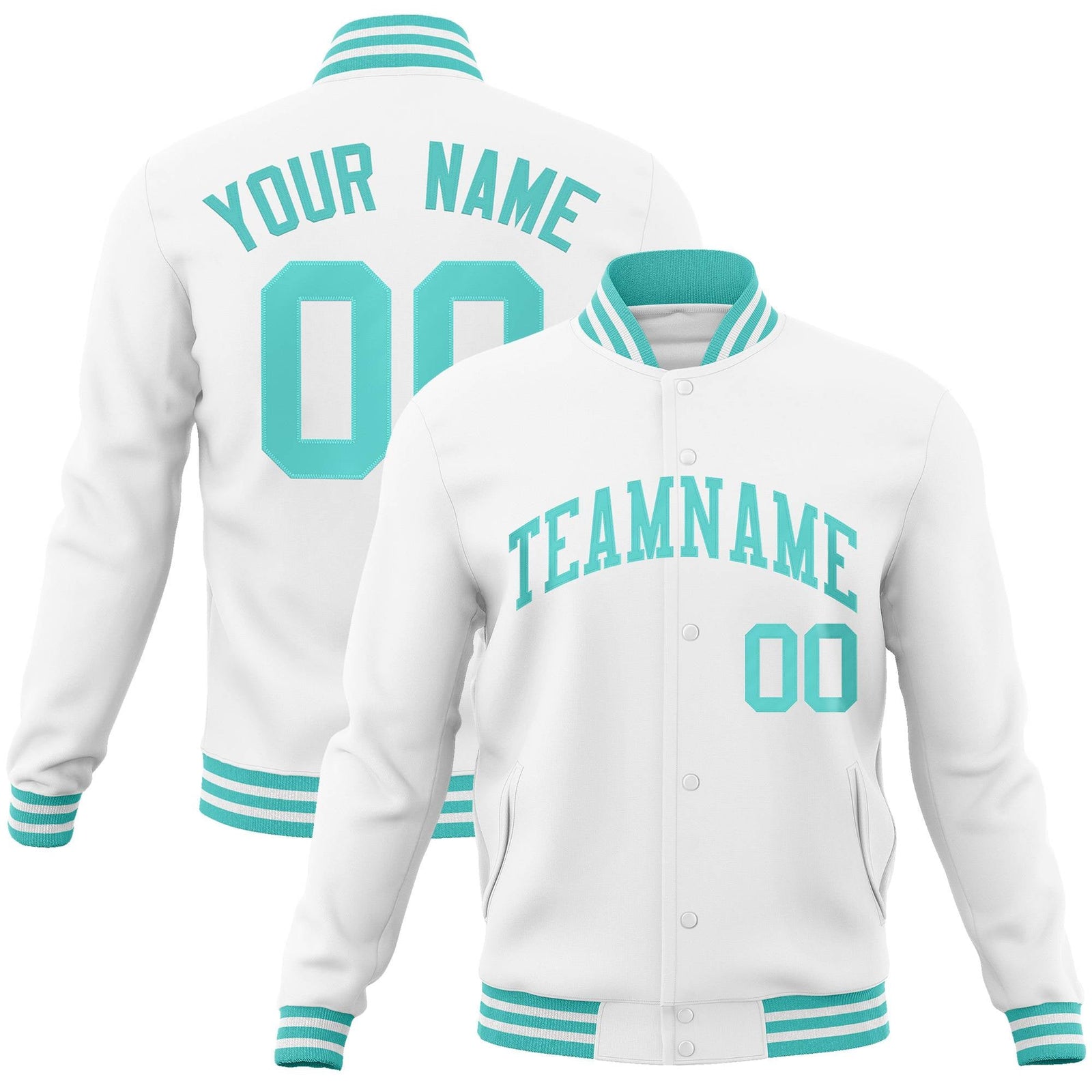 Custom White Aqua Classic Style Varsity Full-Snap Letterman Jacket