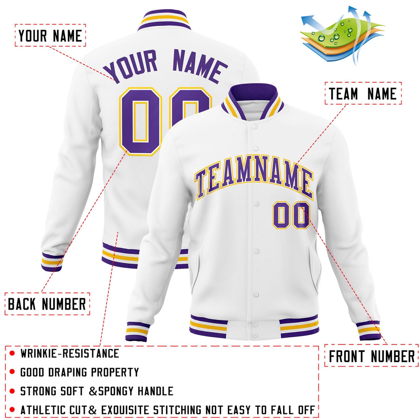 Custom White Purple-White Classic Style Varsity Full-Snap Letterman Jacket