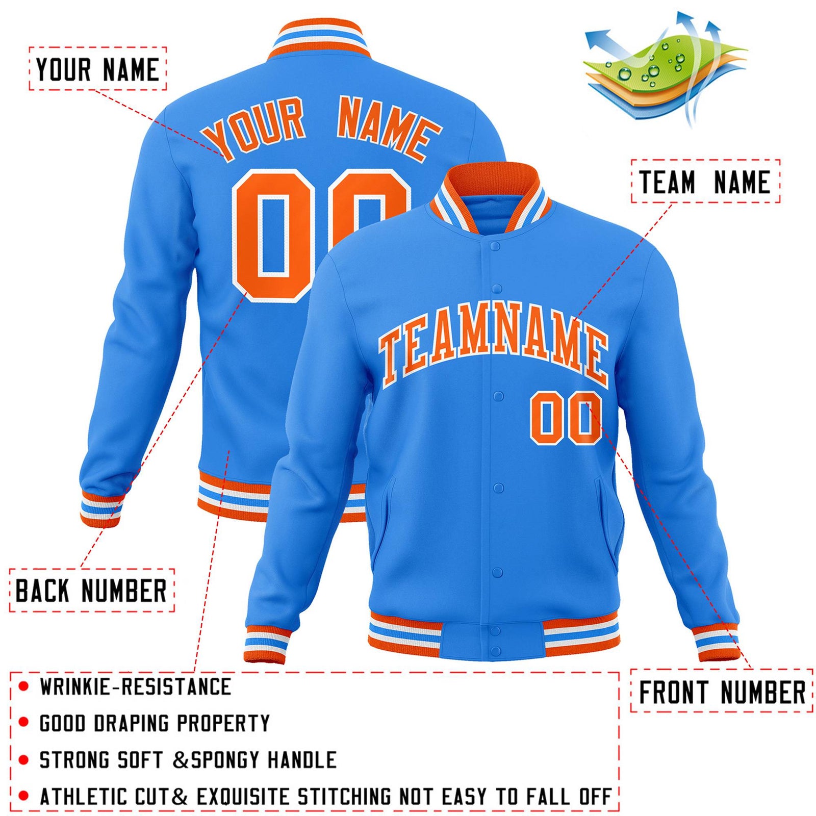 Custom Powder Blue Orange-White Classic Style Varsity Full-Snap Letterman Jacket