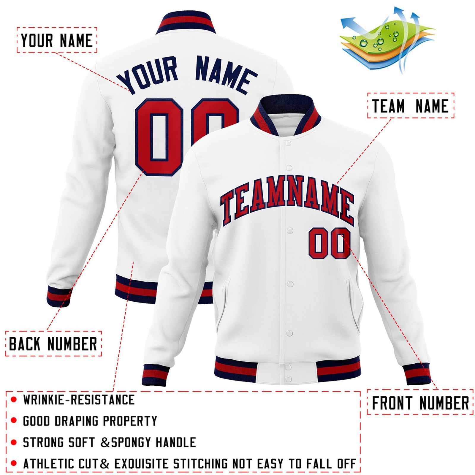 Custom White Red-Navy Classic Style Varsity Full-Snap Letterman Jacket