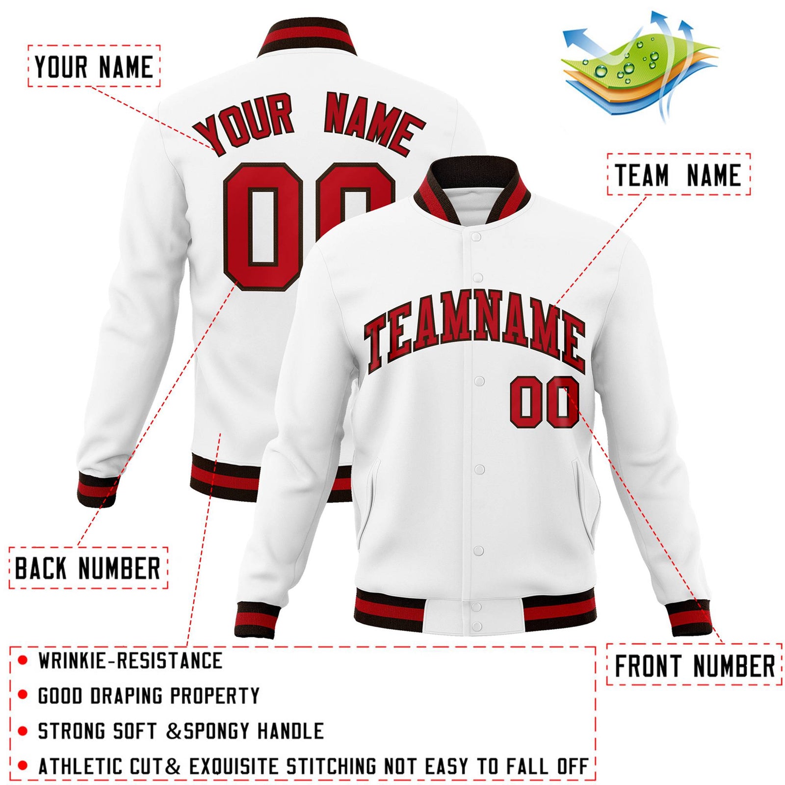 Custom White Red-Brown Classic Style Varsity Full-Snap Letterman Jacket