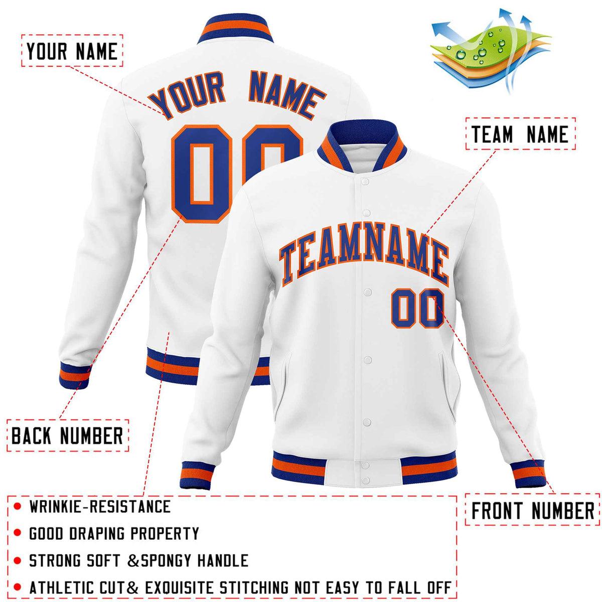 Custom White Royal-Orange Classic Style Varsity Full-Snap Letterman Jacket