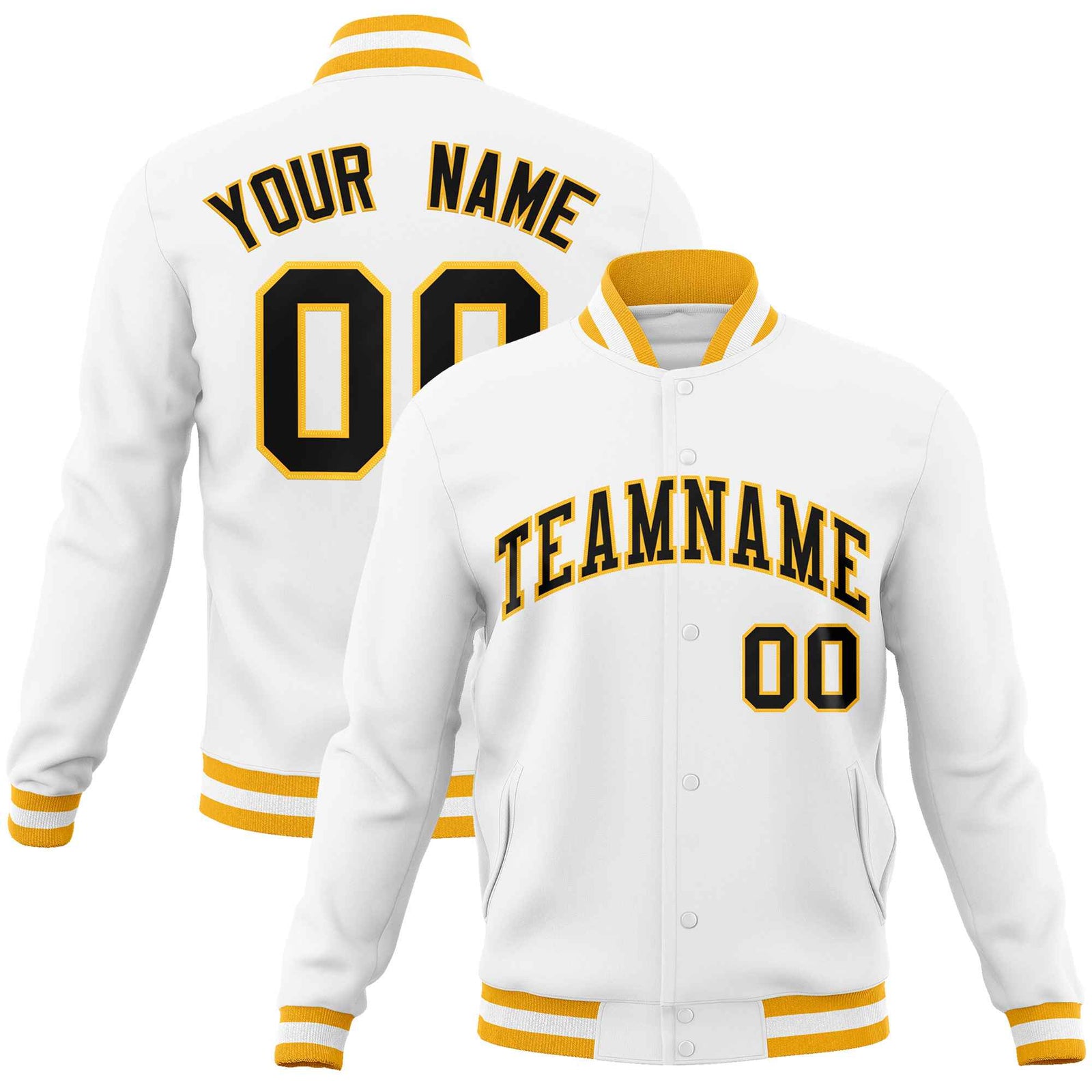 Custom White Black-Gold Classic Style Varsity Full-Snap Letterman Jacket