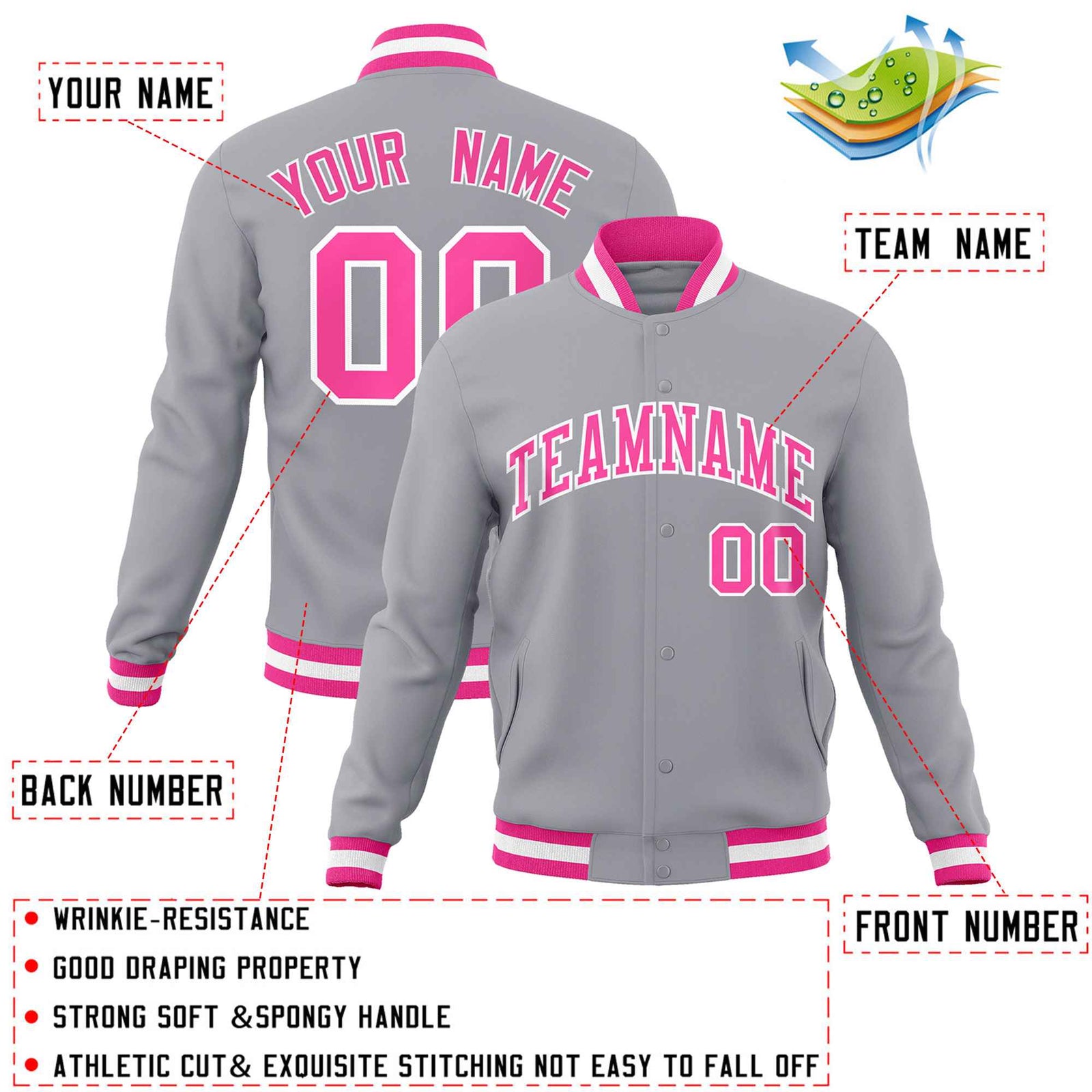 Custom Gray Pink-White Classic Style Varsity Full-Snap Letterman Jacket