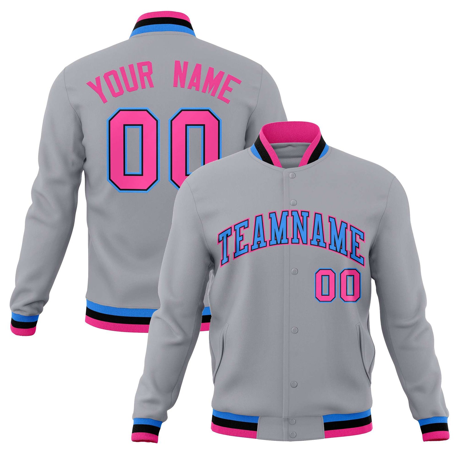 Custom Gray Powder Blue-Pink Classic Style Varsity Full-Snap Letterman Jacket