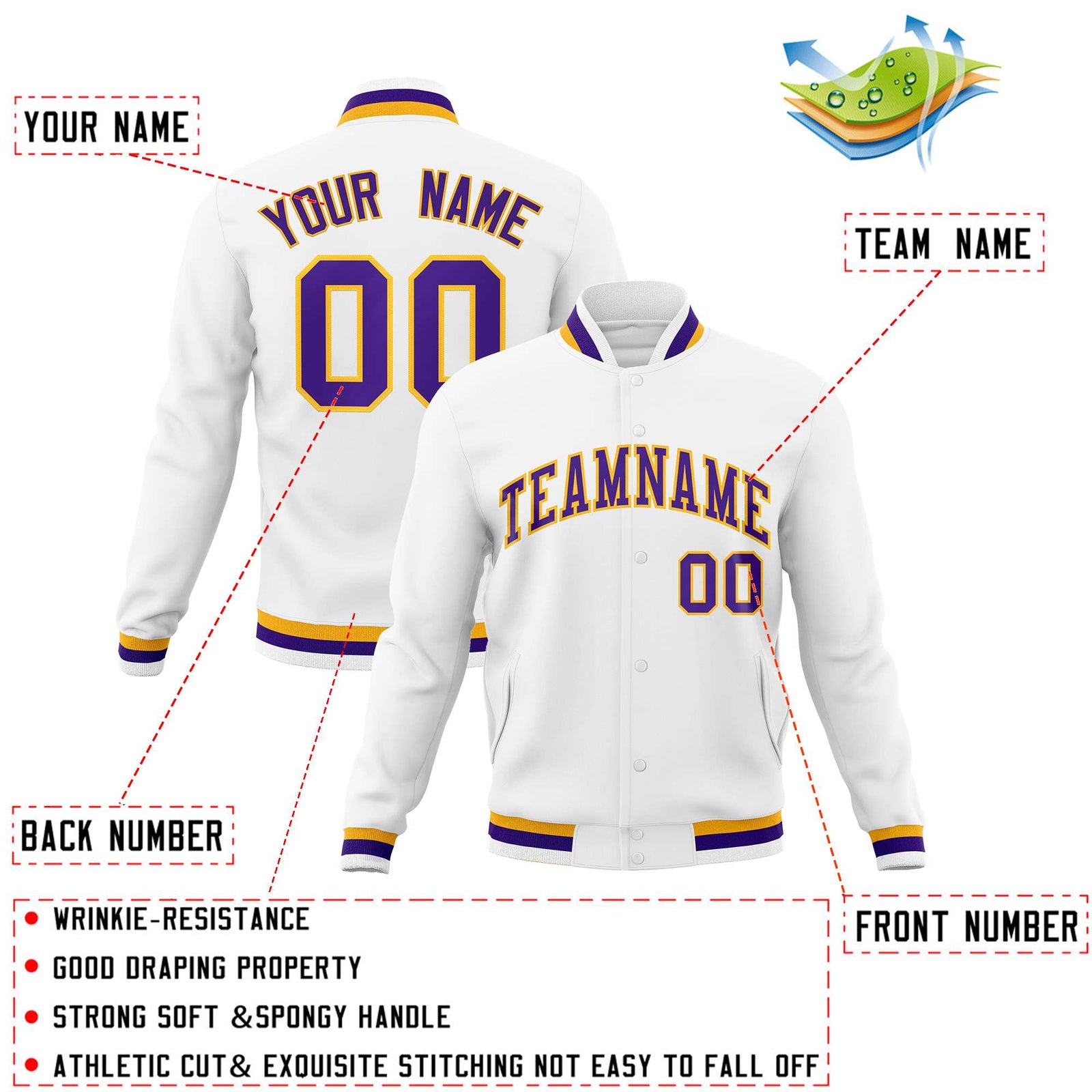 Custom White Purple-Gold Classic Style Varsity Full-Snap Letterman Jacket