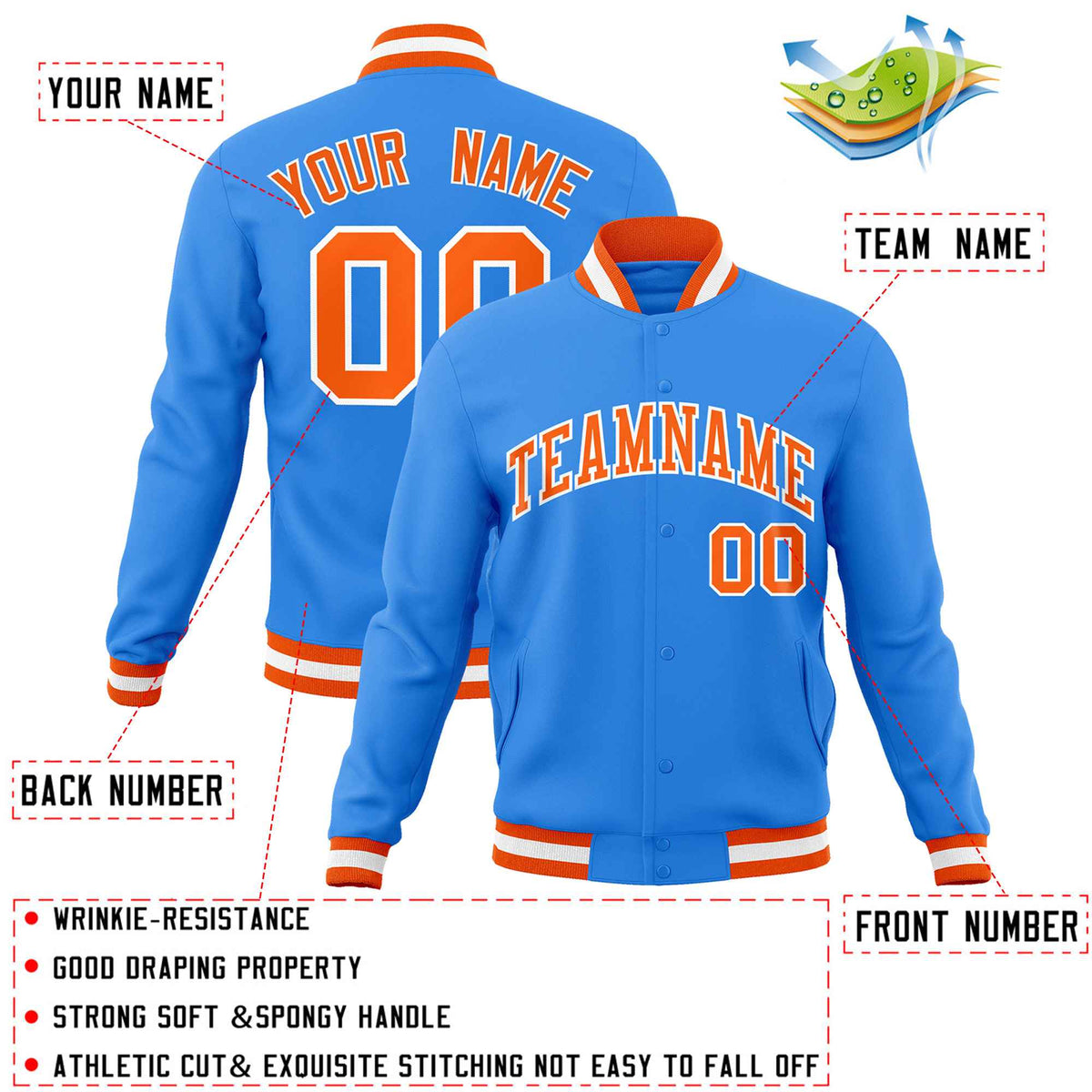 Custom Powder Blue Orange-White Classic Style Varsity Full-Snap Letterman Jacket