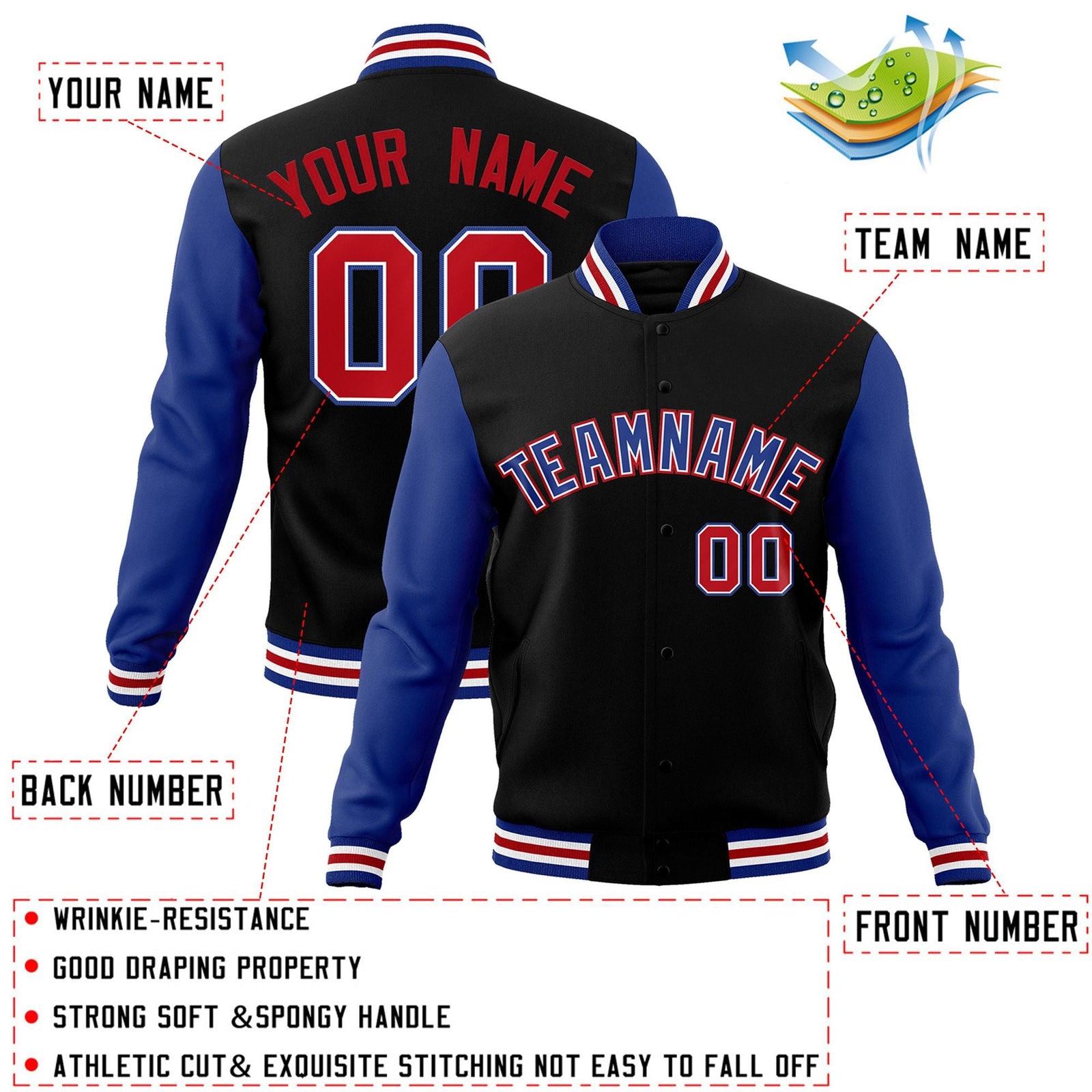 Custom Black Royal-White Raglan Sleeves Varsity Full-Snap Letterman Jacket