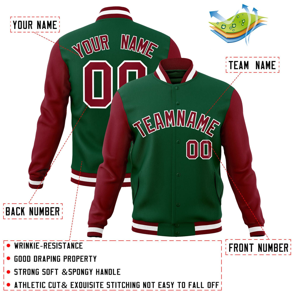 Custom Green Crimson-White Raglan Sleeves Varsity Full-Snap Letterman Jacket