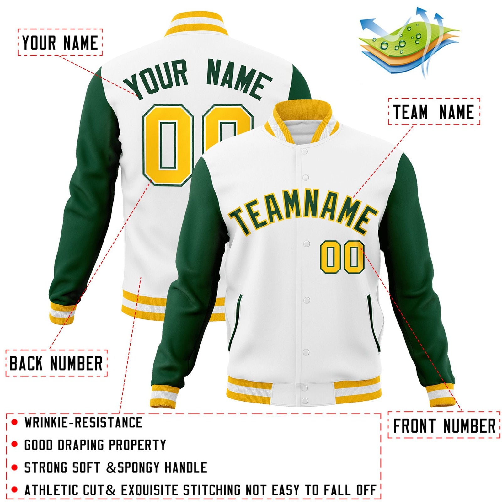 Custom White Green-Gold Raglan Sleeves Varsity Full-Snap Letterman Jacket