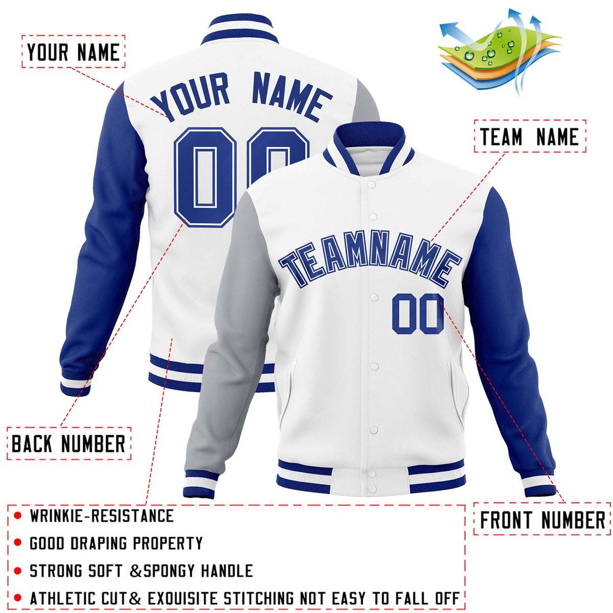 Custom White Royal-White Raglan Sleeves Varsity Full-Snap Letterman Jacket