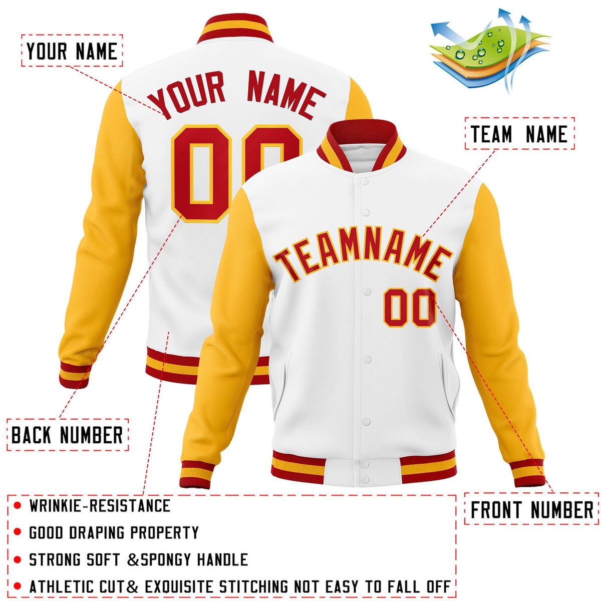 Custom White Red-Gold Raglan Sleeves Varsity Full-Snap Letterman Jacket