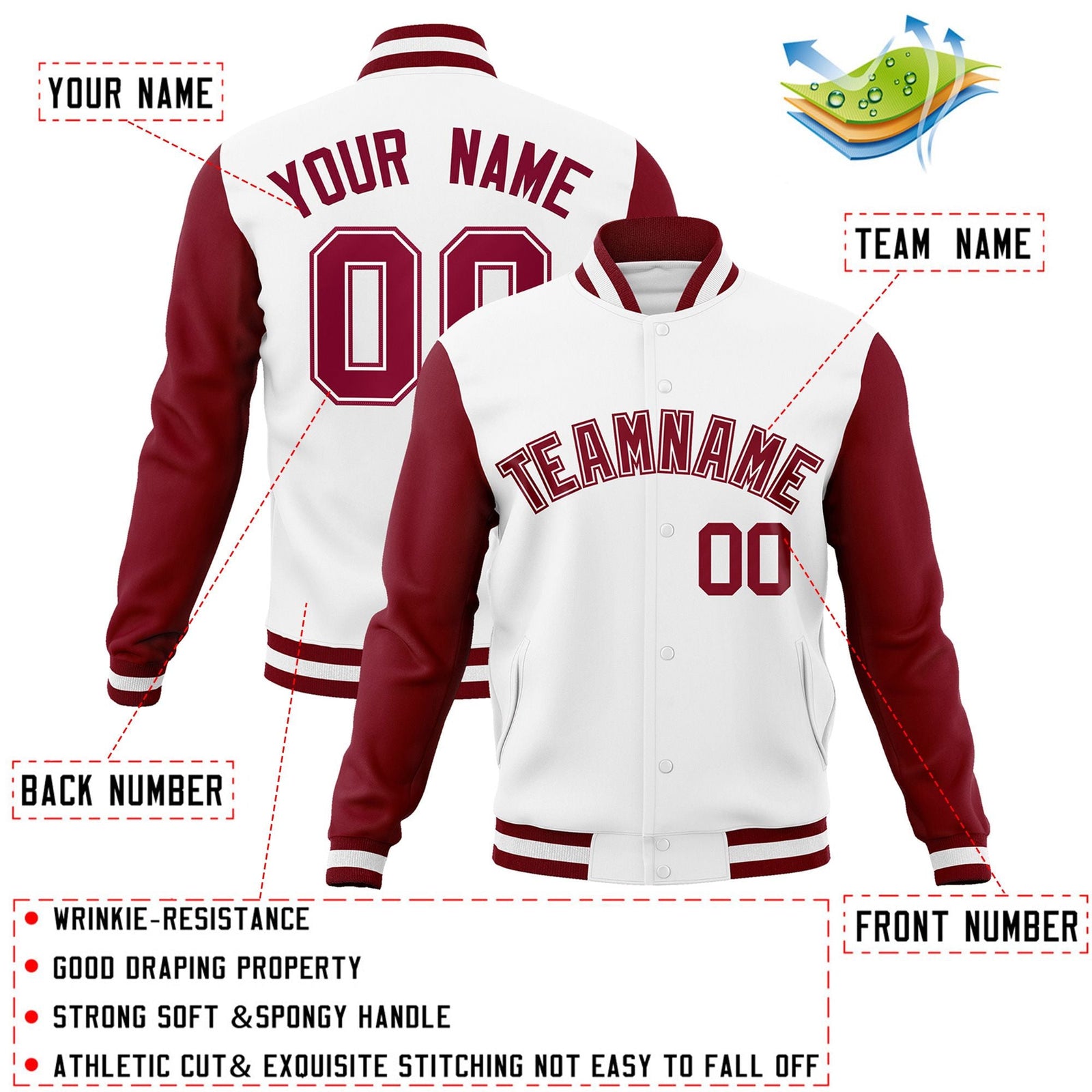 Custom White Crimson-White Raglan Sleeves Varsity Full-Snap Letterman Jacket