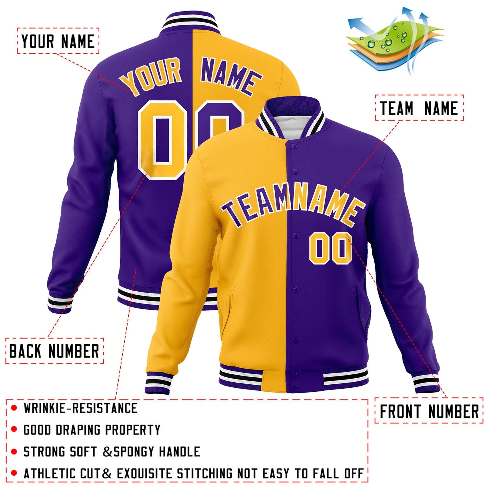 Custom Yellow Purple-Purple Varsity Full-Snap Letterman Two Tone Split Fashion Jacket