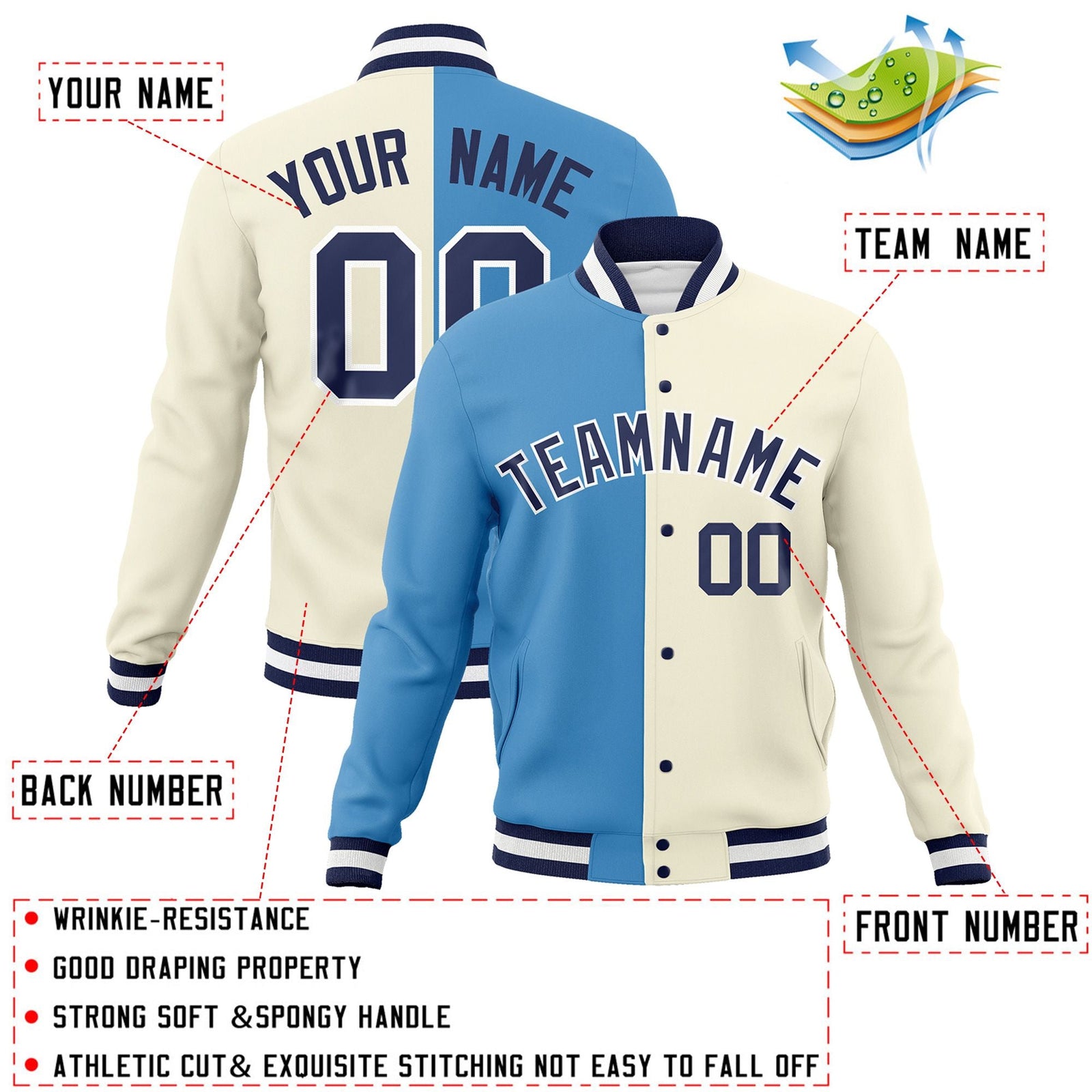 Custom Light Blue Khaki-Navy Varsity Full-Snap Letterman Two Tone Split Fashion Jacket