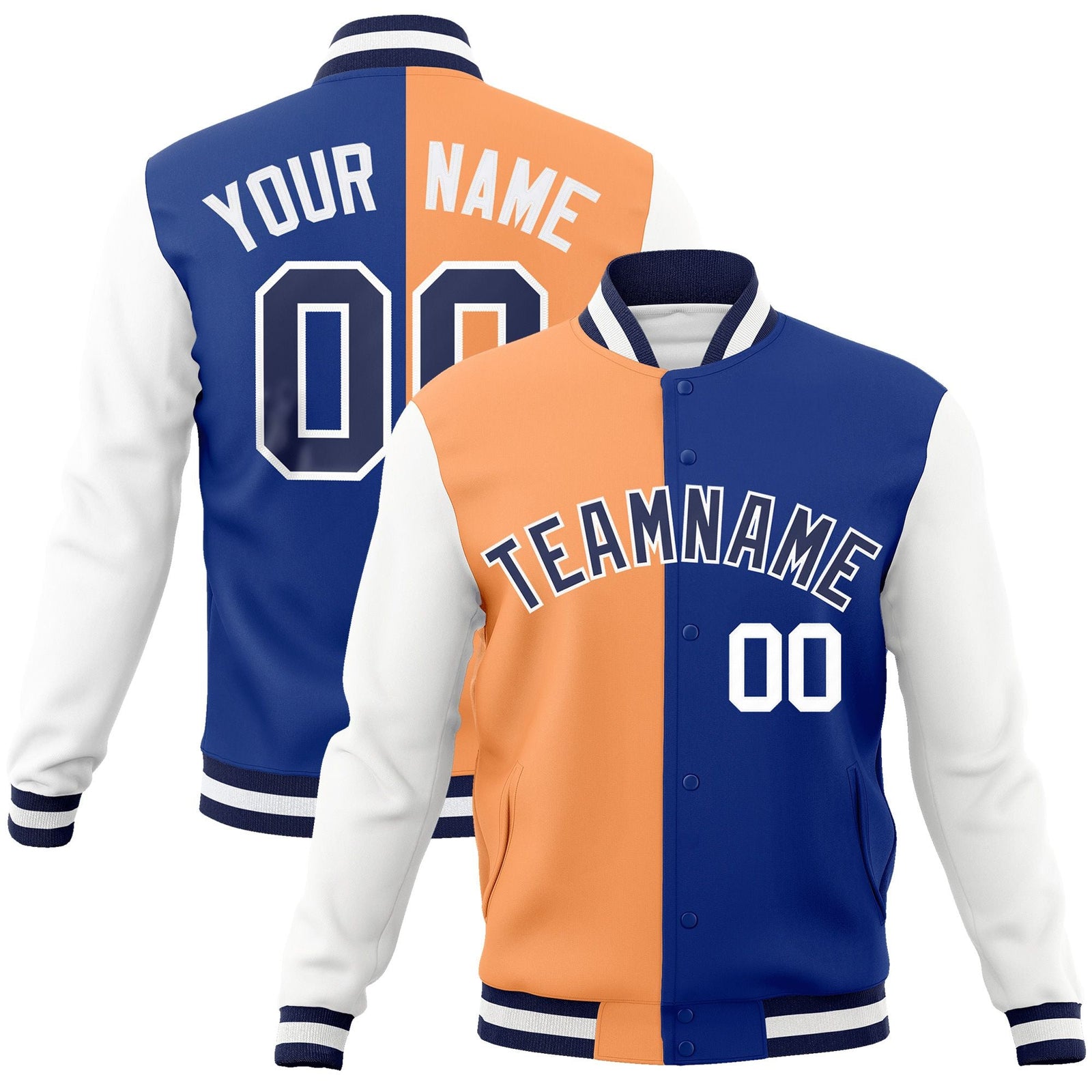 Custom Orange Royal-Navy Varsity Full-Snap Letterman Two Tone Split Fashion Jacket