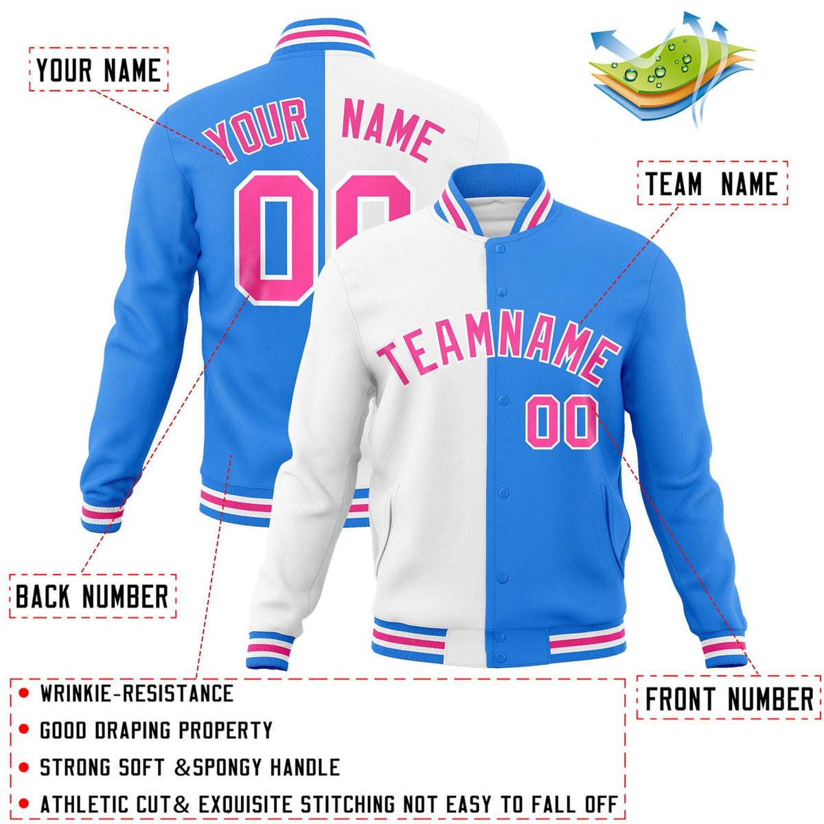 Custom White Powder Blue-Pink Varsity Full-Snap Letterman Two Tone Split Fashion Jacket