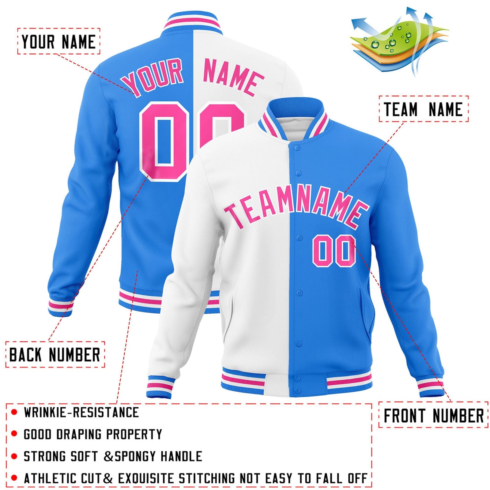 Custom White Powder Blue-Pink Varsity Full-Snap Letterman Two Tone Split Fashion Jacket