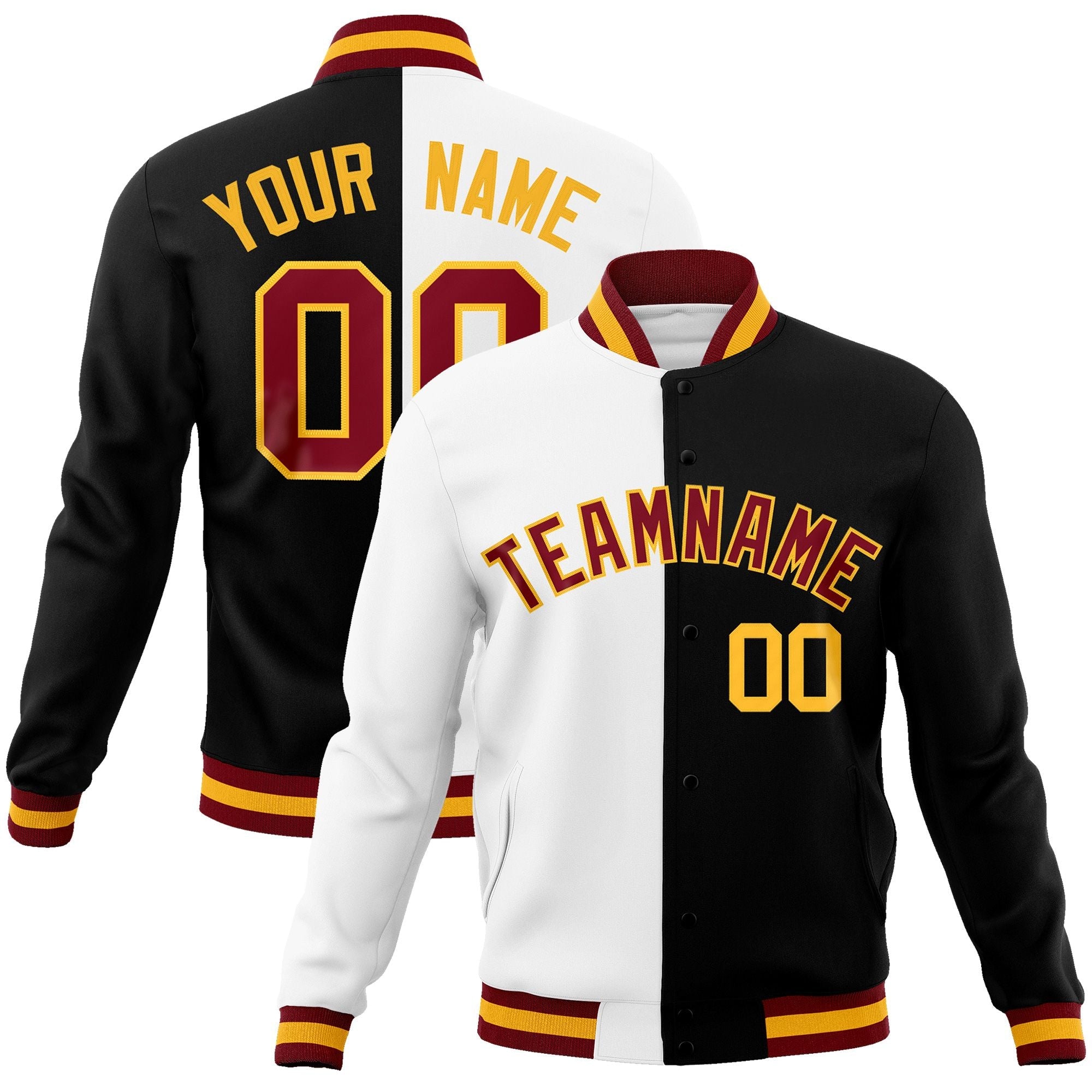 Custom White Black-Crimson Varsity Full-Snap Letterman Two Tone Split Fashion Jacket