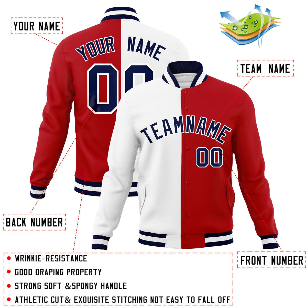 Custom White Red-Navy Varsity Full-Snap Letterman Two Tone Split Fashion Jacket