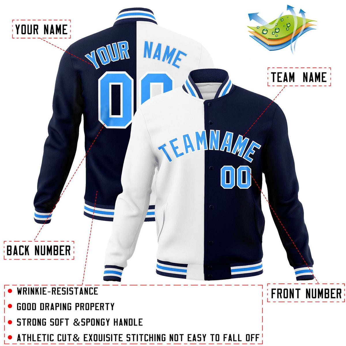 Custom White Navy-Powder Blue Varsity Full-Snap Letterman Two Tone Split Fashion Jacket
