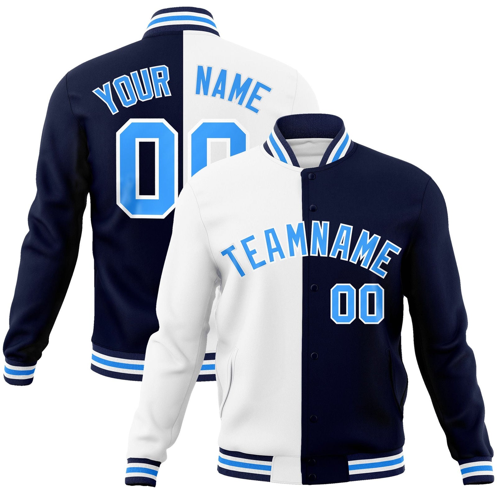 Custom White Navy-Powder Blue Varsity Full-Snap Letterman Two Tone Split Fashion Jacket