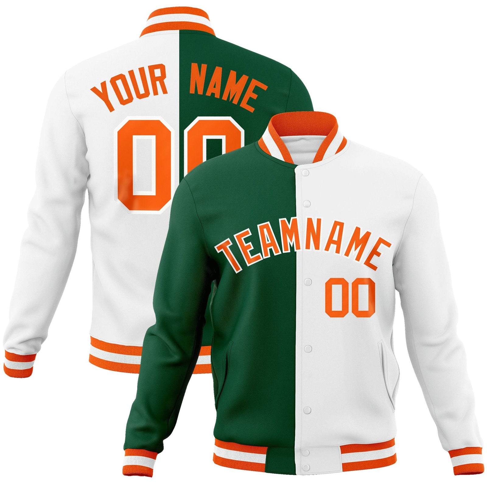 Custom Green White-Orange Varsity Full-Snap Letterman Two Tone Split Fashion Jacket