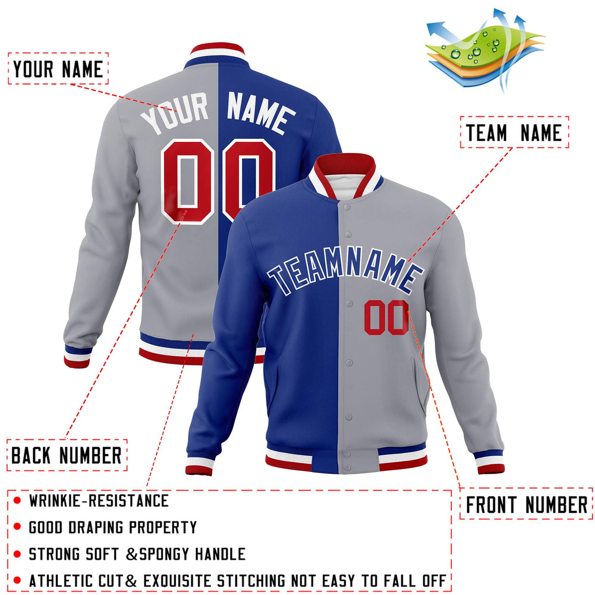 Custom Royal Gray-Royal Varsity Full-Snap Letterman Two Tone Split Fashion Jacket