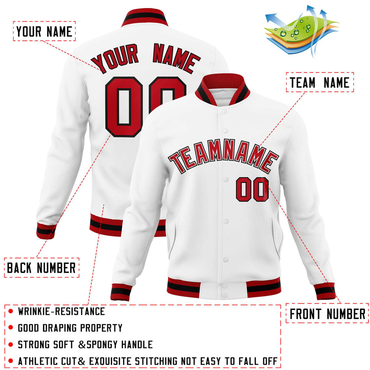 Custom White Red-Black Classic Style Varsity Full-Snap Letterman Jacket