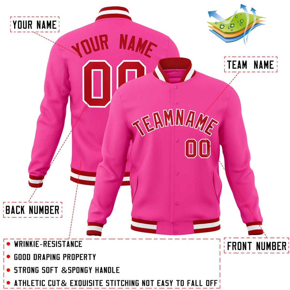 Custom Pink Red-White Classic Style Varsity Full-Snap Letterman Jacket