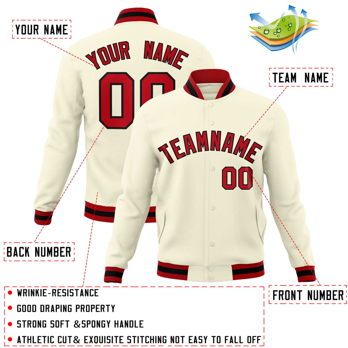 Custom Khaki Red-Black Classic Style Varsity Full-Snap Letterman Jacket