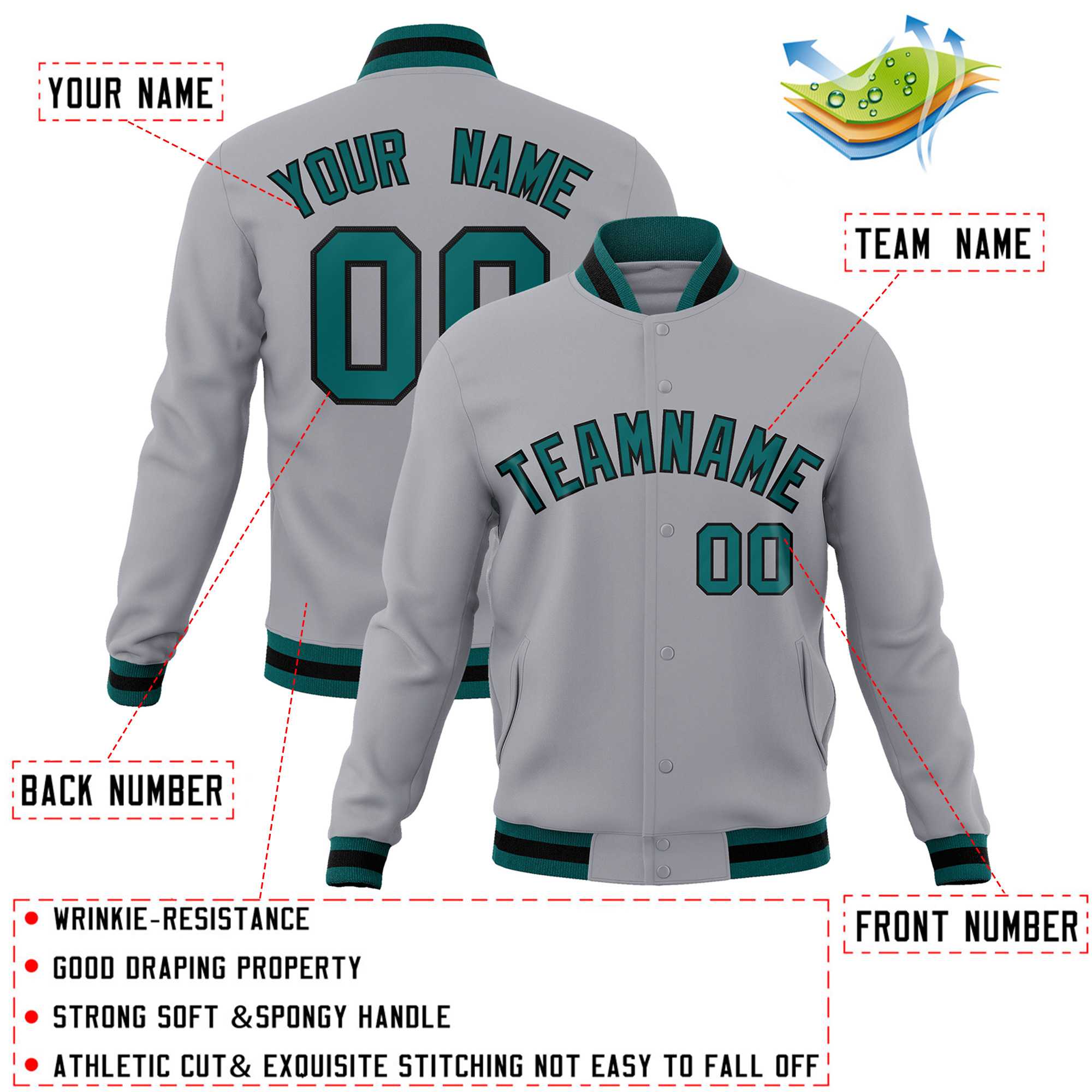 Custom Gray Aqua-Black Classic Style Varsity Full-Snap Letterman Jacket